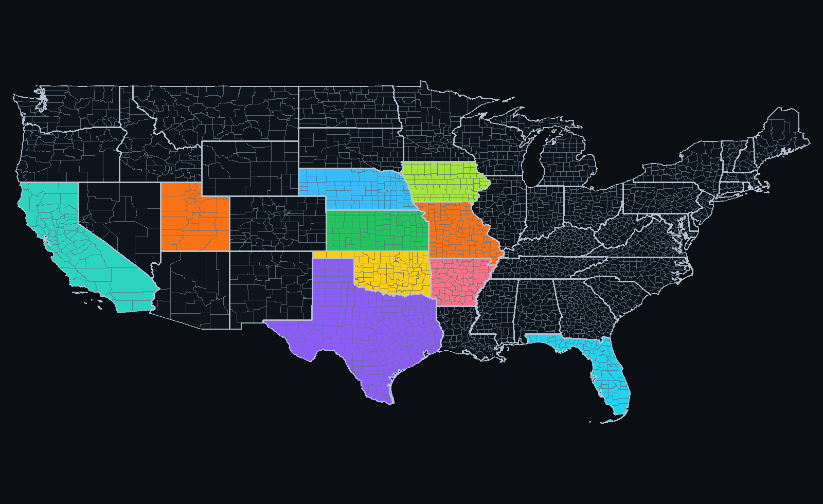 A colored map of the lower 48 states
